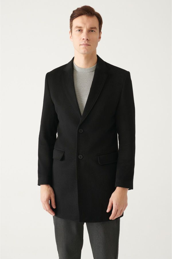 Avva Avva Men's Black Slit Woolen Cachet Comfort Fit Comfort Cut Coat