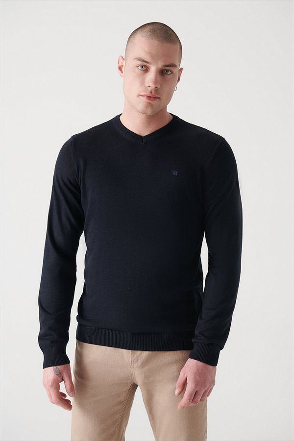 Avva Avva Men's Black V Neck Wool Blended Regular Fit Knitwear Sweater