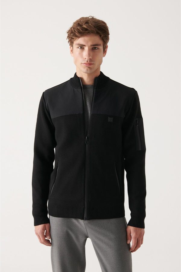 Avva Avva Men's Black Wool Blended Parachute Fabric Detailed Zippered Standard Fit Regular Cut Cardigan Coat