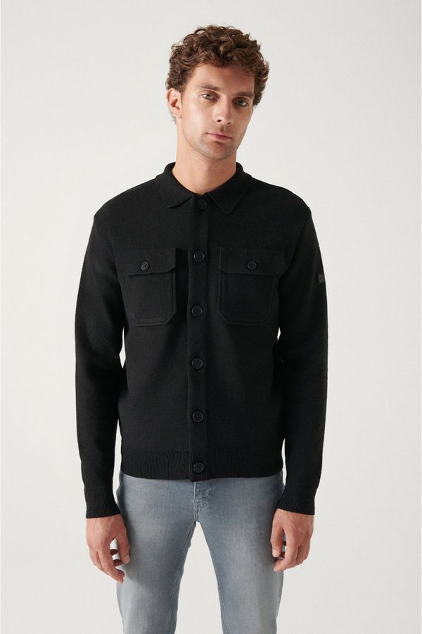 Avva Avva Men's Black Woolen Chest Pocket Buttoned Polo Collar Standard Fit Normal Cut Cardigan Coat