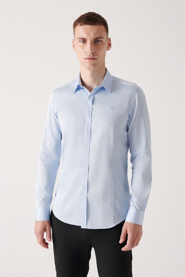 Avva Avva Men's Blue 100% Cotton Satin Hidden Pocket Slim Fit Slim Fit Shirt