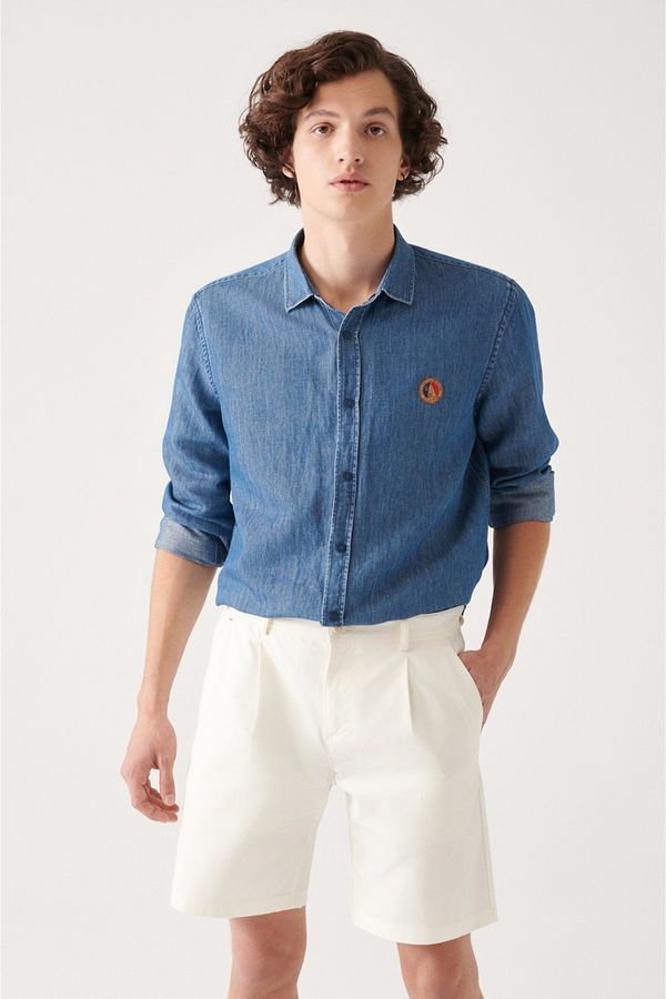 Avva Avva Men's Blue Classic Collar Cotton with Snap Buttons Marine Printed Comfort Fit Casual Cut Denim Shirt