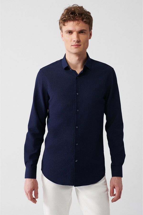 Avva Avva Men's Blue Classic Collar Embossed Cotton Slim Fit Slim Fit Shirt