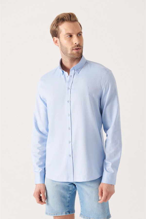 Avva Avva Men's Blue Oxford 100% Cotton Buttoned Collar Regular Fit Shirt