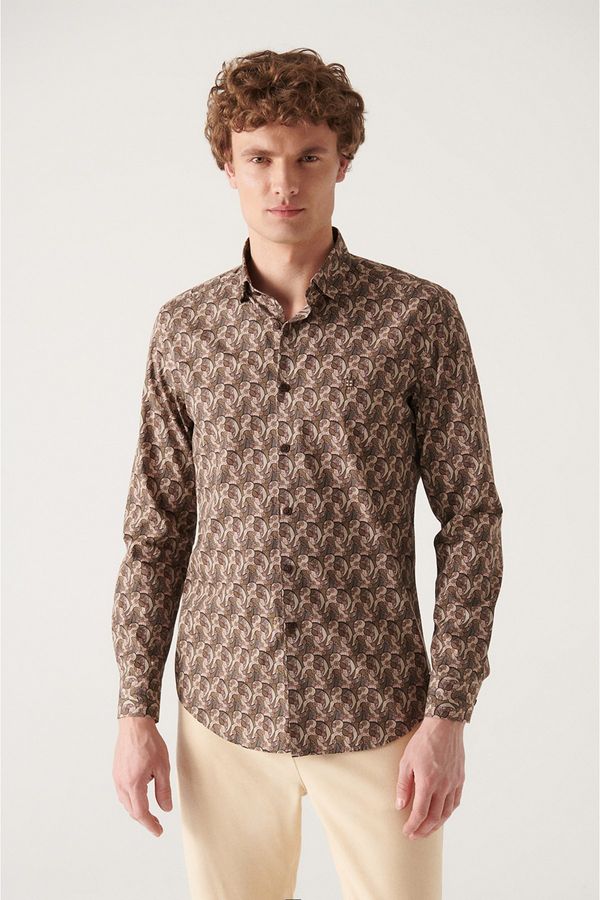 Avva Avva Men's Brown Abstract Patterned 100% Cotton Slim Fit Slim Fit Shirt