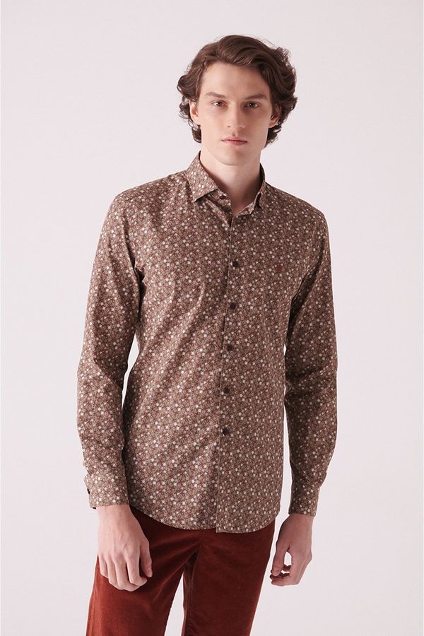 Avva Avva Men's Brown Abstract Patterned 100% Cotton Slim Fit Slim Fit Shirt
