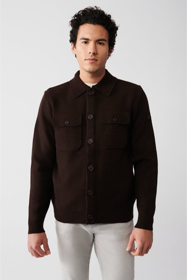 Avva Avva Men's Brown Woolen Chest Pocket Buttoned Polo Collar Regular Fit Cardigan Coat