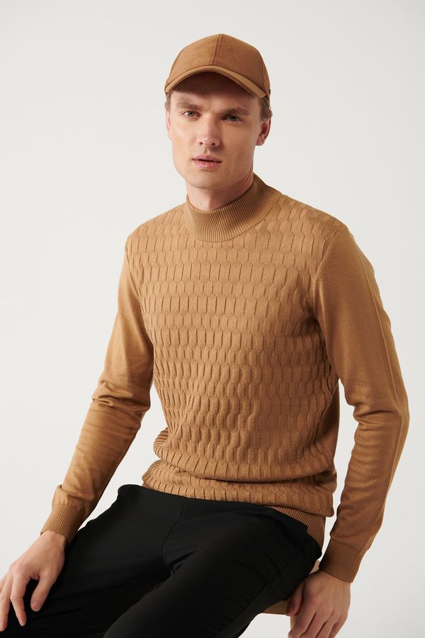 Avva Avva Men's Camel Knitwear Sweater Half Turtleneck Front Textured Cotton Regular Fit