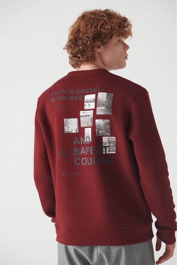 Avva Avva Men's Claret Red Crew Neck 3 Threads Inside Fleece Printed Standard Fit Normal Cut Sweatshirt