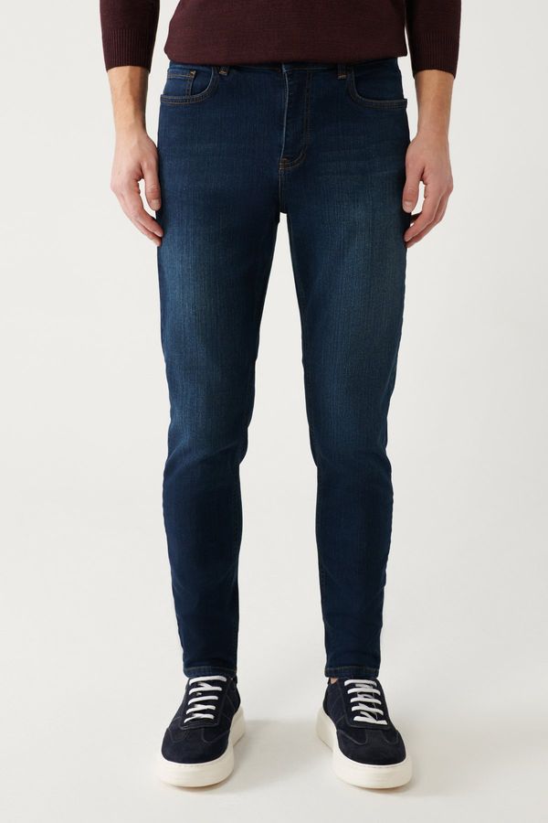 Avva Avva Men's Dark Blue Berlin Distressed Washed Stretchy Extra Slim Fit Slim Fit Jean Trousers