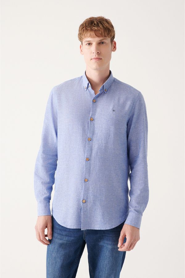 Avva Avva Men's Dark Blue Button Collar Cotton Linen Standard Fit Regular Cut Shirt