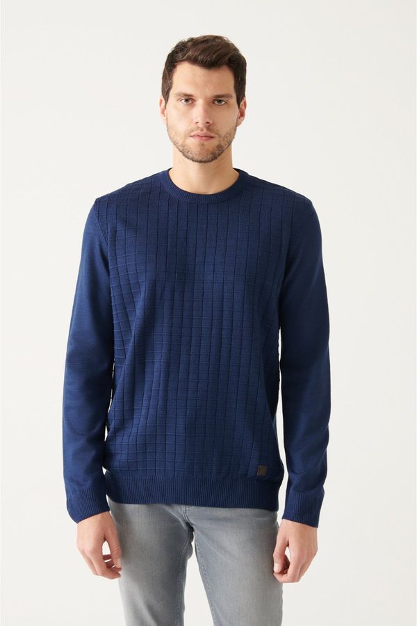Avva Avva Men's Dark Navy Blue Crew Neck Textured Regular Fit Knitwear Sweater