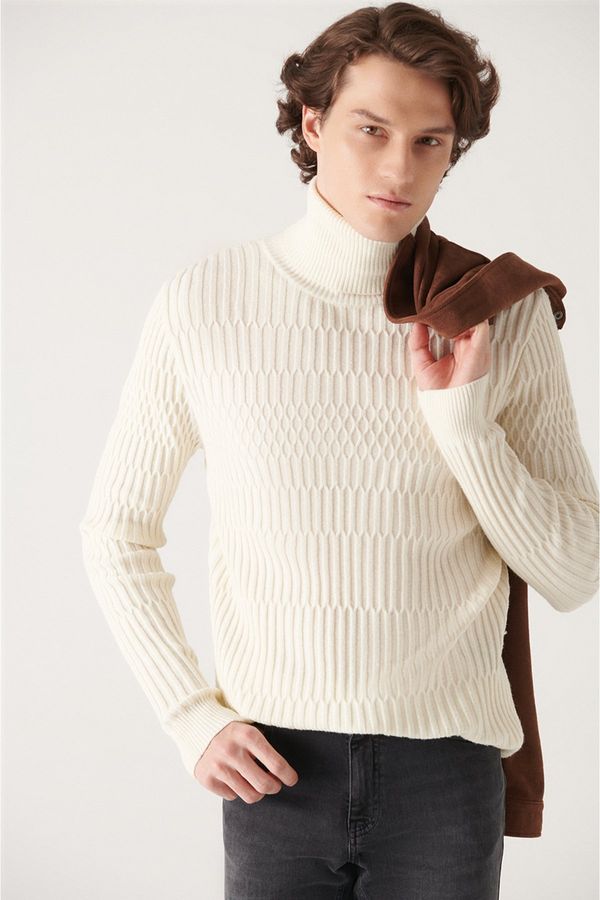 Avva Avva Men's Ecru Full Turtleneck Knit Detailed Cotton Slim Fit Slim Fit Knitwear Sweater