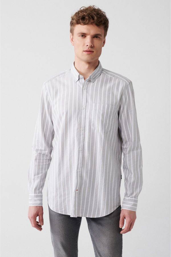 Avva Avva Men's Gray 100% Cotton Oxford Buttoned Collar Striped Standard Fit Regular Cut Shirt