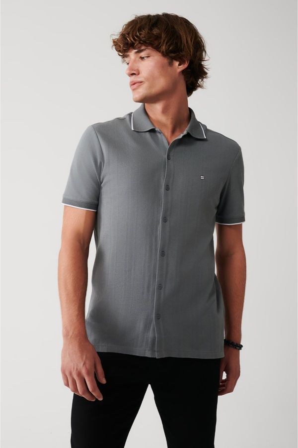 Avva Avva Men's Gray 100% Cotton Ribbed Jacquard Short Sleeve Knitted Regular Fit Shirt