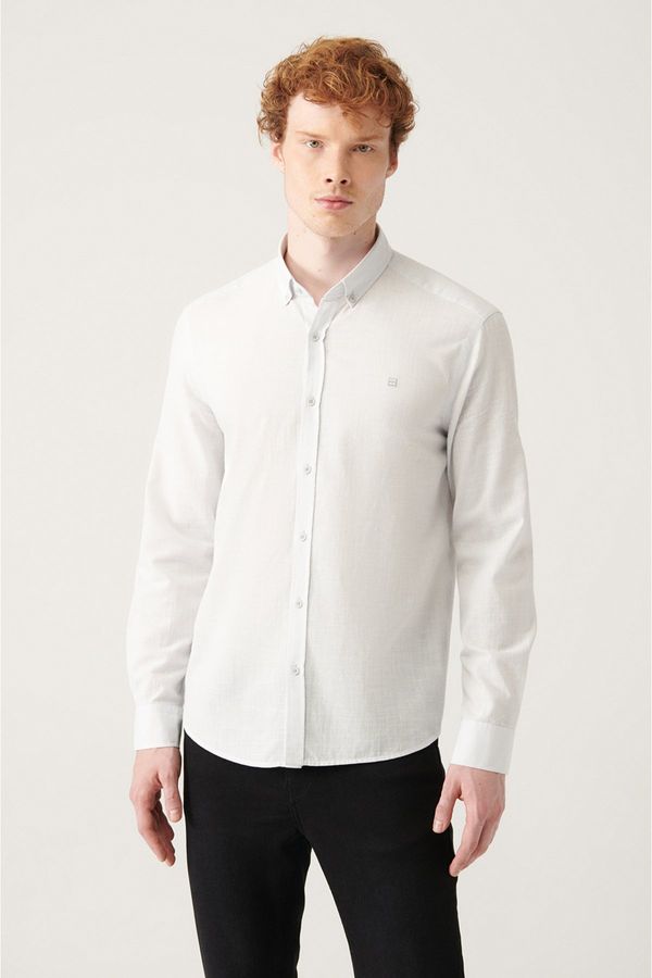Avva Avva Men's Gray Button Collar Comfort Fit Relaxed Cut 100% Cotton Linen Textured Shirt