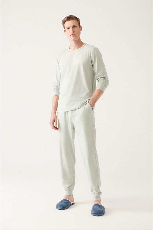 Avva Avva Men's Gray Crew Neck 100% Cotton Long and Short Sleeved 3-piece Pajamas Set with Special Box