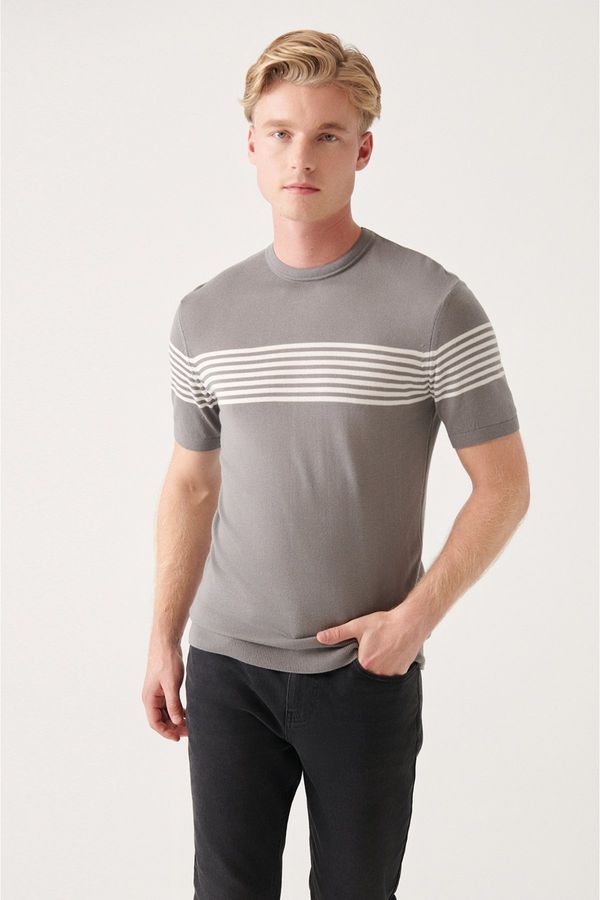 Avva Avva Men's Gray Crew Neck Chest And Sleeve Line Detail Ribbed Regular Fit Knitwear T-shirt