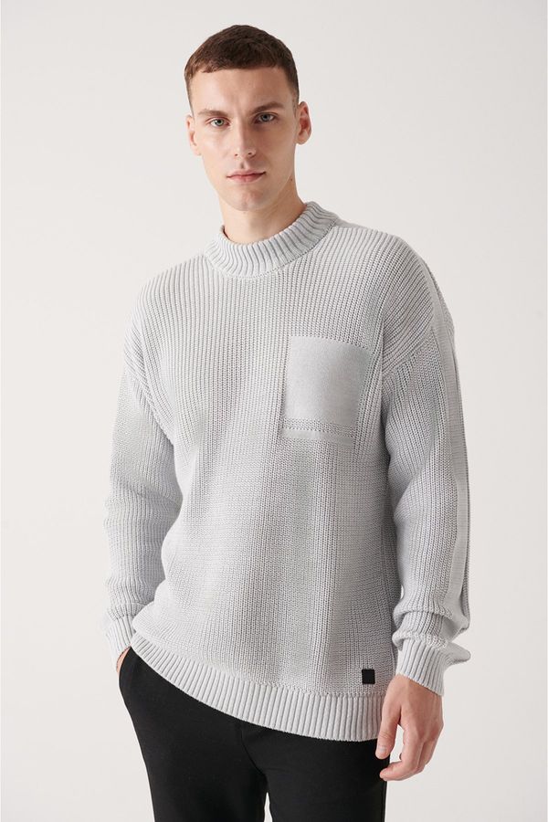 Avva Avva Men's Gray Crew Neck Pocket Detailed Cotton Loose Comfort Fit Relaxed Cut Knitwear Sweater