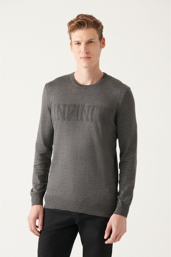 Avva Avva Men's Gray Crew Neck Text Slogan Cotton Regular Fit Knitwear Sweater