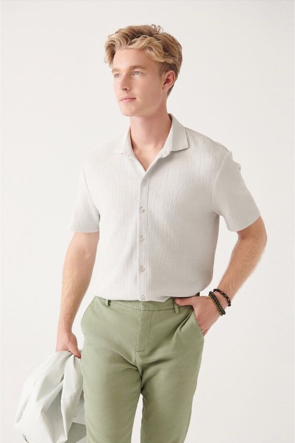 Avva Avva Men's Gray Knitted Jacquard Classic Collar Cotton Short Sleeve Regular Fit Shirt