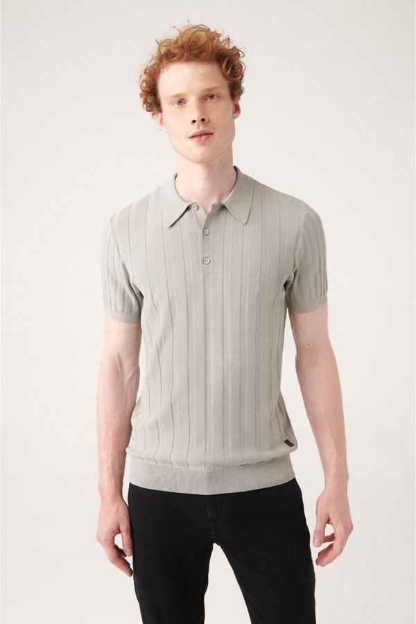 Avva Avva Men's Gray Polo Neck Roving Knit Detailed Ribbed Slim Fit Slim Fit Knitwear T-shirt