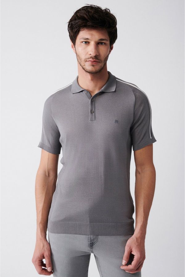 Avva Avva Men's Gray Polo Neck Stripe Detailed Shoulder Ribbed Standard Fit Regular Cut Knitwear T-shirt