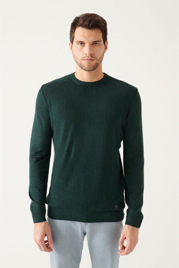 Avva Avva Men's Green Crew Neck Herringbone Patterned Regular Fit Knitwear Sweater