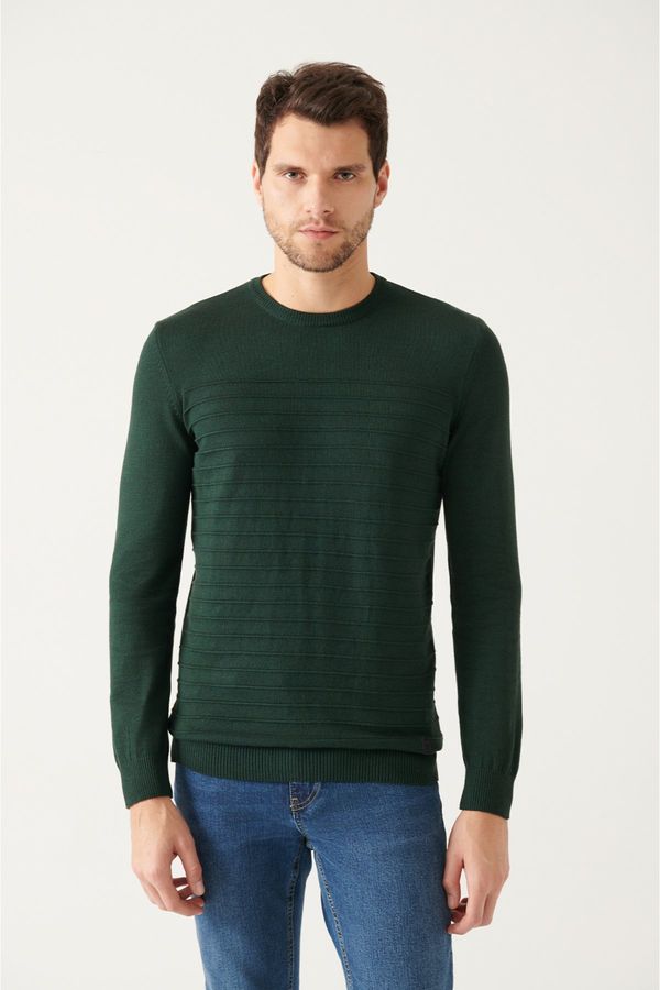 Avva Avva Men's Green Crew Neck Knit Detailed Cotton Standard Fit Regular Cut Knitwear Sweater