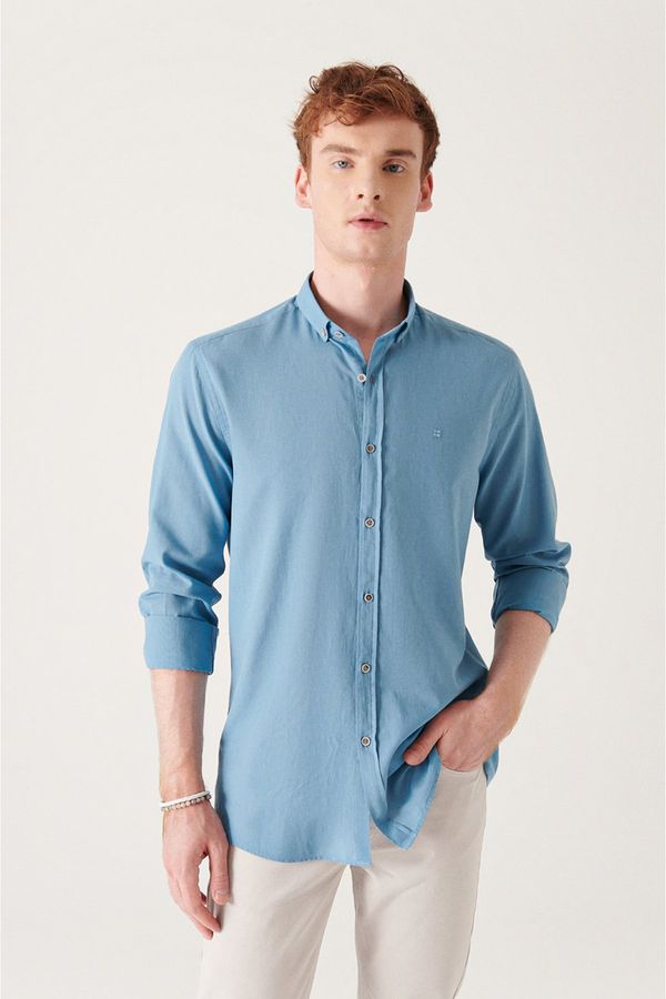 Avva Avva Men's Indigo 100% Cotton Thin Soft Touch Buttoned Collar Long Sleeve Regular Fit Shirt