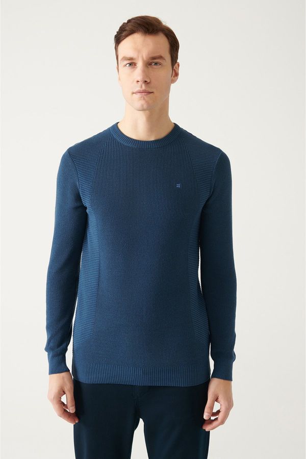 Avva Avva Men's Indigo Crew Neck Jacquard Slim Fit Slim Fit Knitwear Sweater