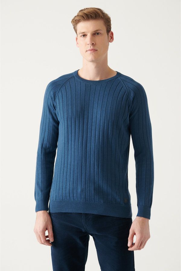 Avva Avva Men's Indigo Crew Neck Jacquard Slim Fit Slim Fit Knitwear Sweater