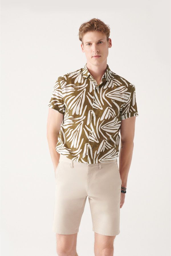 Avva Avva Men's Khaki 100% Cotton Classic Collar Printed Short Sleeve Regular Fit Shirt