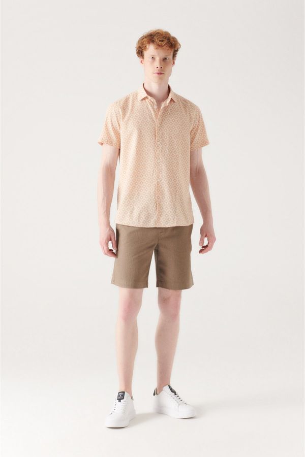 Avva Avva Men's Khaki 100% Cotton Side Pocket Elastic Waist Linen Textured Relaxed Fit Comfortable Cut Shorts