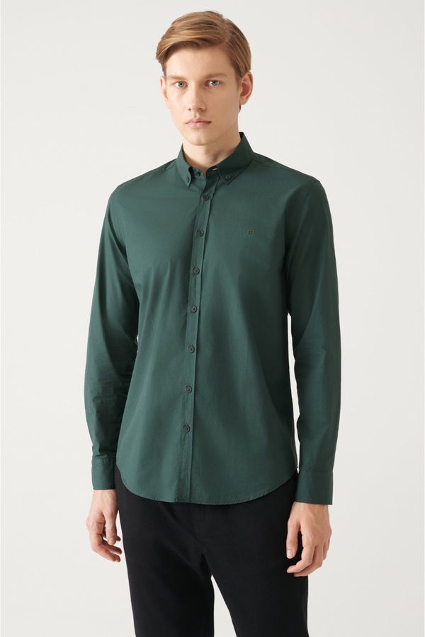 Avva Avva Men's Khaki Button Collar 100% Cotton Slim Fit Slim Fit Shirt