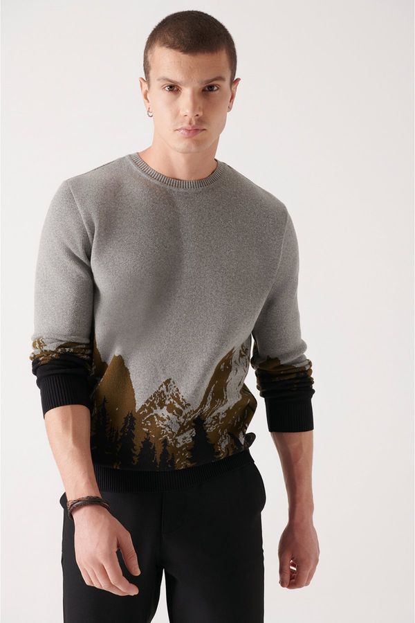 Avva Avva Men's Khaki Crew Neck Patterned 100% Cotton Standard Fit Regular Cut Knitwear Sweater