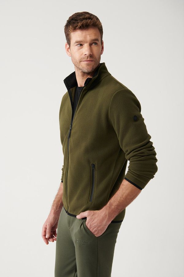 Avva Avva Men's Khaki Fleece Sweatshirt Stand Collar Cold Resistant Zippered Regular Fit