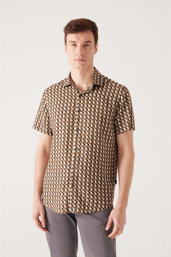 Avva Avva Men's Khaki Geometric Patterned Viscose Shirt
