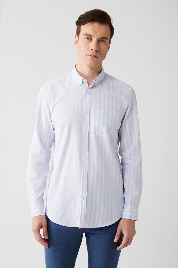 Avva Avva Men's Light Blue 100% Cotton Oxford Buttoned Collar Striped Regular Fit Shirt