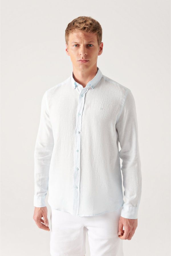 Avva Avva Men's Light Blue 100% Linen Buttoned Collar Comfort Fit Shirt