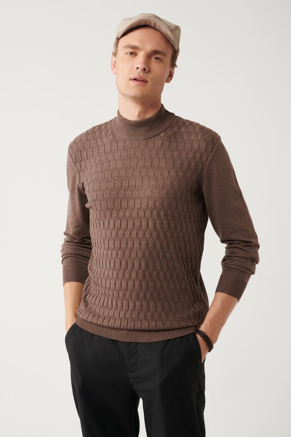 Avva Avva Men's Light Brown Knitwear Sweater Half Turtleneck Front Textured Cotton Regular Fit