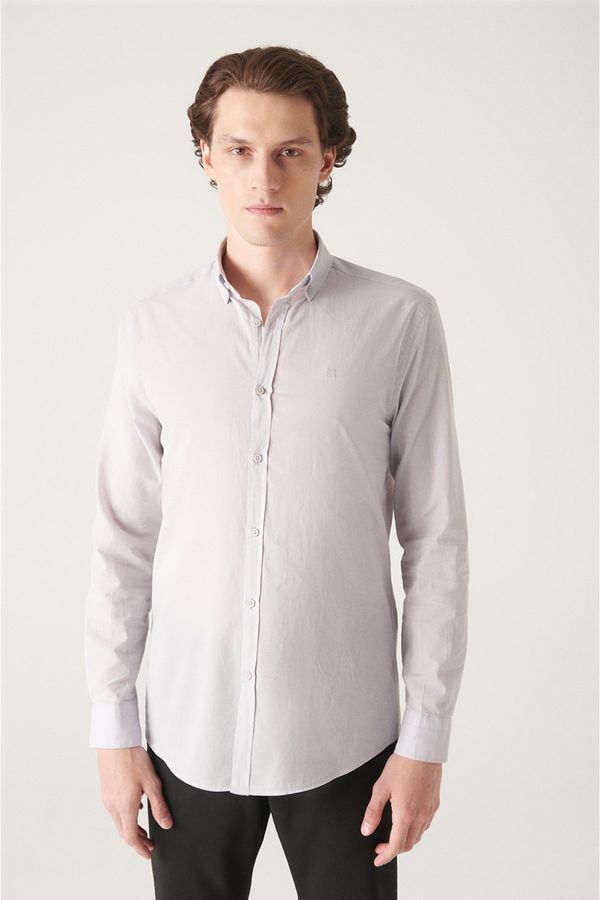 Avva Avva Men's Light Gray 100% Cotton Thin Soft Touch Buttoned Collar Long Sleeve Regular Fit Shirt