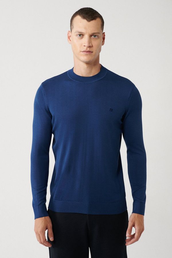 Avva Avva Men's Light Navy Blue Knitwear Sweater High Crew Neck Viscose Regular Fit