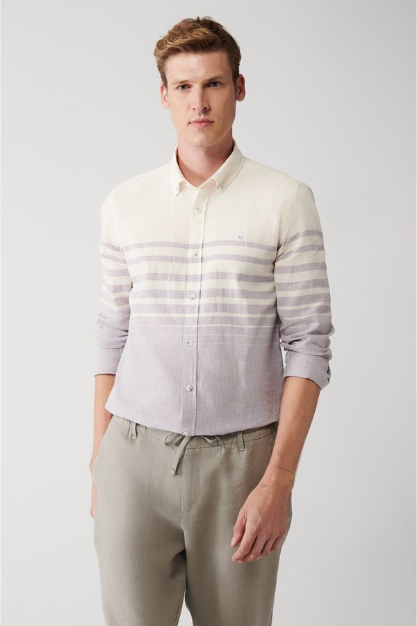 Avva Avva Men's Light Purple Cotton Linen Blended Buttoned Collar Striped Slim Fit Slim Fit Shirt