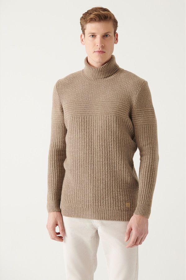 Avva Avva Men's Mink Full Turtleneck Textured Regular Fit Knitwear Sweater