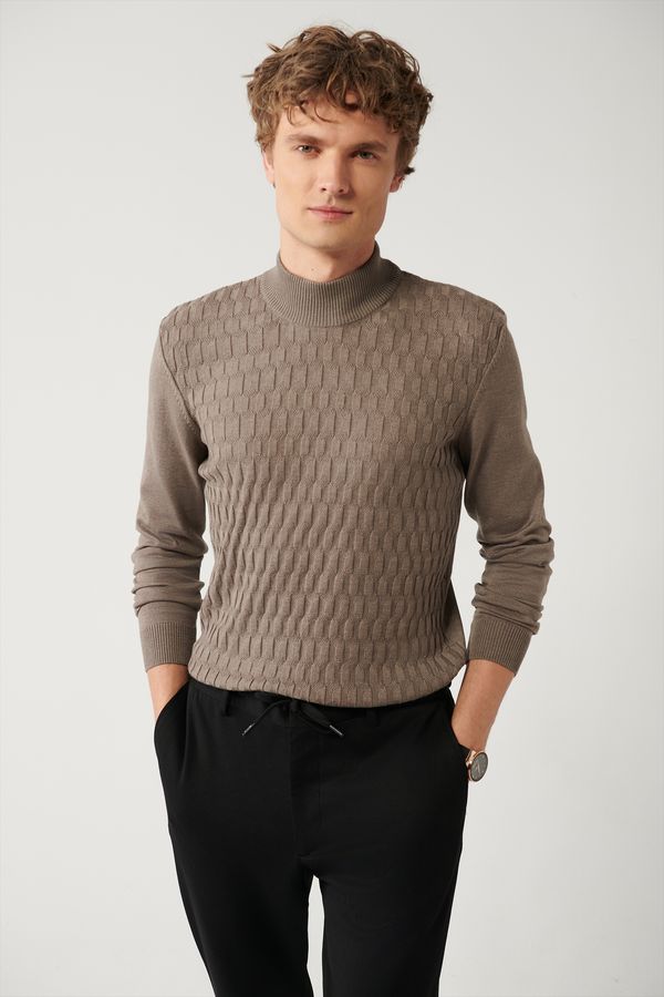 Avva Avva Men's Mink Knitwear Sweater Half Turtleneck Front Textured Cotton Regular Fit