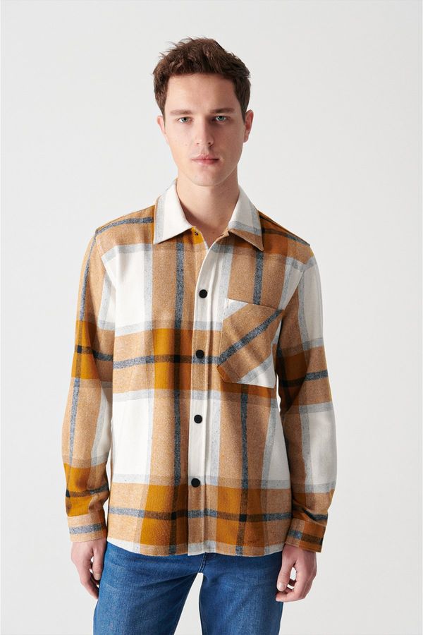 Avva Avva Men's Mustard Plaid Classic Collar Overshirt Pocket Snap Fastener Jacket Coat