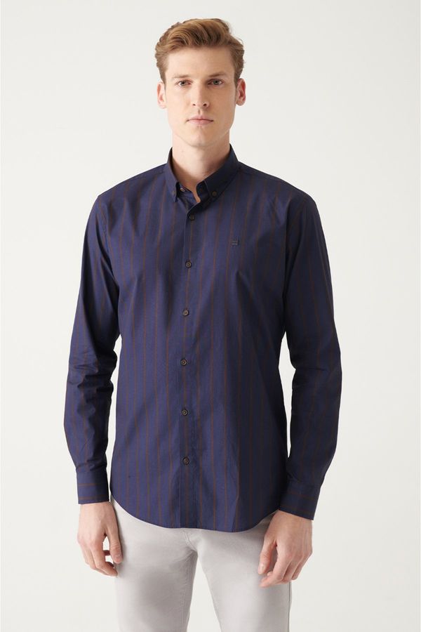 Avva Avva Men's Navy Blue 100% Cotton Button Collar Striped Slim Fit Narrow Cut Poplin Shirt