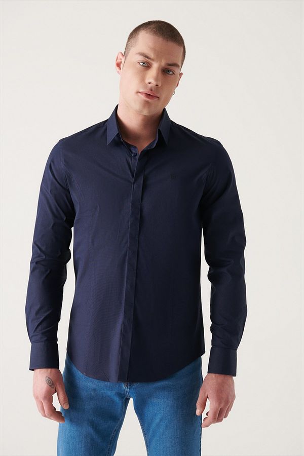 Avva Avva Men's Navy Blue 100% Cotton Classic Collar Slim Fit Slim Fit Satin Shirt