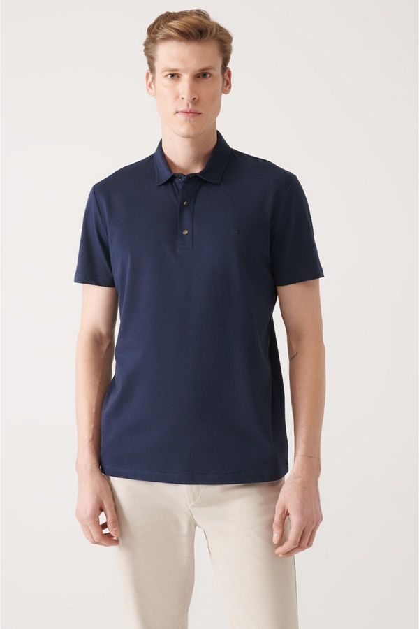 Avva Avva Men's Navy Blue 100% Cotton Knitted Standard Fit Normal Cut 3 Snaps Polo Neck T-shirt